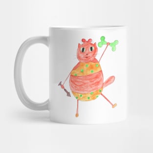 Cat athlete with dumbbells and bone from fish. Fashion trend painted in watercolor. Stylish design. Mug